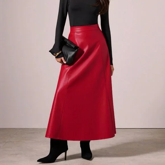 Red Elegant Women's Long fauc leather contemporary maxi Skirt - Picture 3 of 7